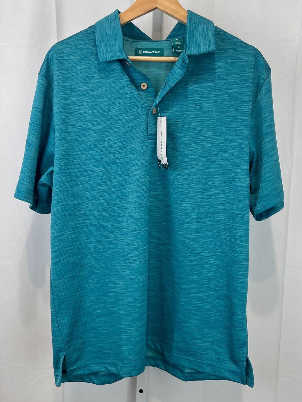 NWT CUBAVERA Short Sleeve Polo Shirt Texture Performance Biscay Bay Blue Green M